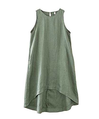 Image of Amazhiyu Women's 100% Linen High Low Midi Dress with Pocket | Summer Casual Flowy Dresses, Sleeveless Crewneck Dresses, Solid Color