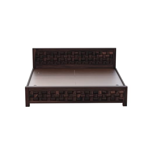 Image of Solid Sheesham Wood Queen Size Bed Without Storage | Wooden Double Bed Cot for Bedroom Furniture | Palang Double Bed for Hotels | Niwar Patti Design, Walnut