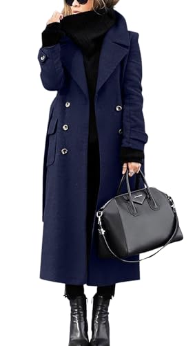 chouyatou Women's Winter Double Breasted Wool Coat Business Casual Long Winter Pea Coat with Belt (Medium, Navy Blue)