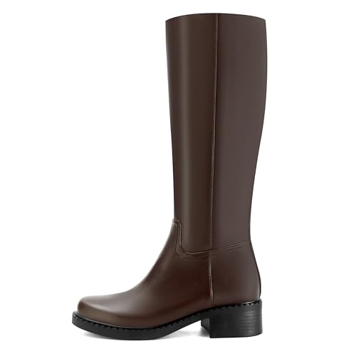Image of Dsevht Black Knee High Boots for Women Faux Leather Elastic Low Heel Round Square Toe Side Zipper Fall Long Tall Boot