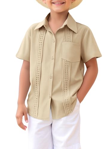 Boys Guayabera Shirt Short Sleeve Button Down Casual Shirt with Chest Pockets for Summer Hawaiian Holiday 4-13Y