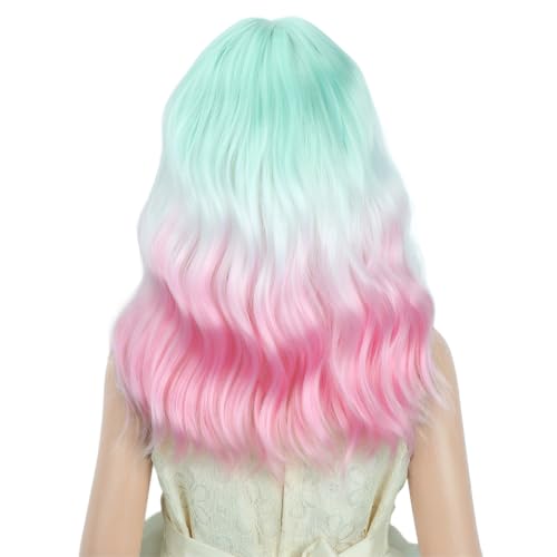 Image of PATTNIUM Girls Green White Pink Wig with Bangs Kids Short Wavy Curly Wig Rainbow Wigs Synthetic Halloween Costume Cosplay Party Wigs