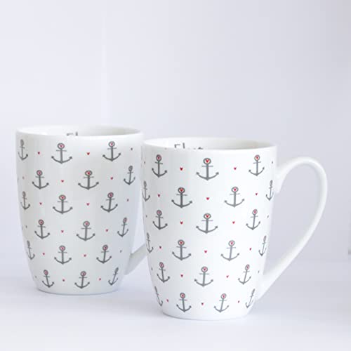 Seaside64 Tasse/Becher-2er Set maritim Anker Herzen - Ebbe und Flut Kaffeetasse Teetasse - 330ml Ankerliebe - Kaffeepott Kaffeebecher weiß grau - Porzellan - (Set 2 Tassen Herzchen Allover)