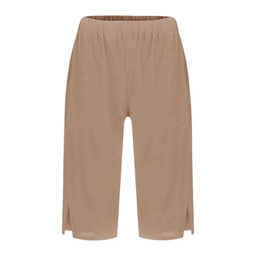 Pantalones cortos de pijama holgados de lino y algodón con abertura y bolsillo para mujer, caqui, XXL
