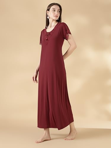 Image of 9shines Label Stylish Soft Modal Maxi Nighty | Honeymoon Nighty | Full Length Trendy Nightgown | V-Neck Lace | Premium Nightdress | Soft Long Nightdress | Maxi Gown Nightwear for Women (Malai Satin)