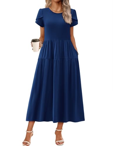 Image of Zeagoo Summer Dresses for Women 2026 Maxi Bohemian Floral Short Sleeve Long Dress Casual Flowy Tired Beach Sundress