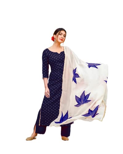 Image of ANNI DESIGNER Women's Rayon Straight Raspberry Handpainted Kurta with Palazzos & Dupatta (Rayon STY)