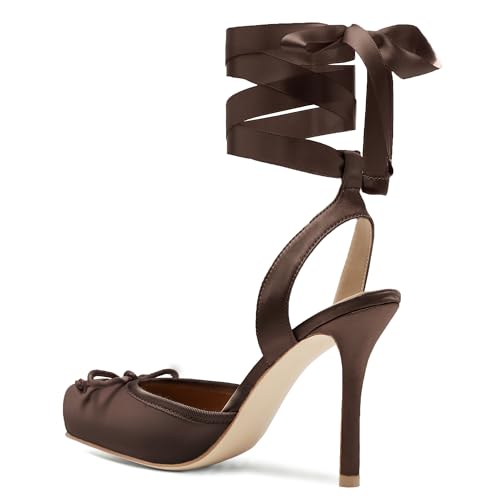 Image of Riekhany Satin Ballet Heels for Women Closed Square Toe Bow Ballerina Heels Lace Up High Heel Slingback Pumps Strappy Stiletto Mary Janes Elegant Party Shoes