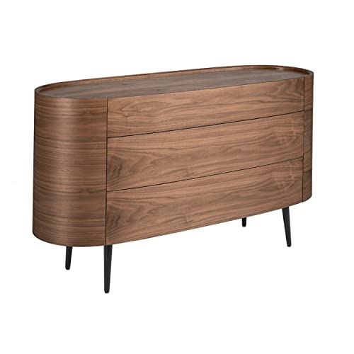 Ángel Cerdá - Cassettiera Ovale in Legno di Noce con Gambe in Acciaio Nero - Mobile con Tre Cassetti Nascosti Soft-Closing - Cassettiera Moderna e Funzionale per Camera da Letto - 135 x 48 x 75 cm
