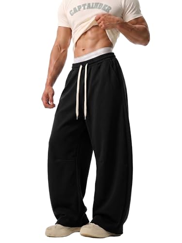 JEMLDL Mens Baggy Sweatpants Wide Leg Barrel Sweat Pants Oversized Streetwear Slackes with Drawstring Elastic Waist Black Medium