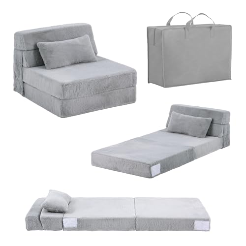 SESHINELL Kids Sofa Bed, Convertible Toddler Chair Bed, Folding Couch for Playroom, Bedroom or Living Room, Fold Up Modular Floor Futon Mattress Sofa for Boys & Girls, Pluhs Grey