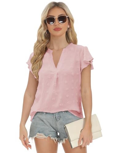 Womens Blouse V Neck Ruffle Short Sleeve Flowy Shirts Dressy Casual Cute Summer Tops Tunic Fashion Clothes4