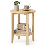 VASAGLE Round Side End Table, 2-Tier Boho Bedside Table with Rattan-Look Storage Shelf, Nightstand for Small Spaces, for Living Room, Bedroom, Home Office, Oak Beige ULET296Y01