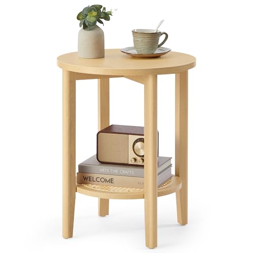 VASAGLE Round Side End Table, 2-Tier Boho Bedside Table with Rattan-Look Storage Shelf, Nightstand for Small Spaces, for Living Room, Bedroom, Home Office, Oak Beige ULET296Y01