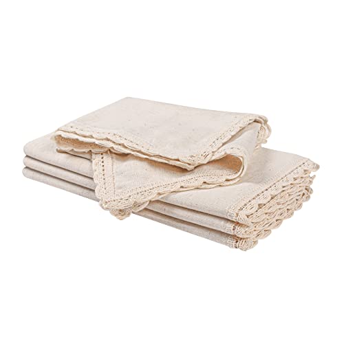Ramanta Home Cloth Dinner Napkins in Cotton Flax Fabric with Lace & Tailored Mitered Corners - 20x20 Inches (Set of 4, Natural)