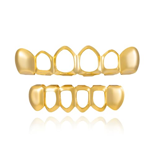 Grillz - Gold & Silver 6/8 Teeth Top & Bottom Grillz Set for Men and Women, 14K Gold Plated Teeth Caps for Halloween Costume Accessories