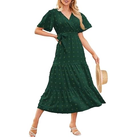 Summer Flowy Womens Dresses Boho Long Dress V Neck Short Sleeve Swiss Dot Dresses A Line Smocked Maxi Dresses for Women 2024(Dots Dark Green-S) Cover