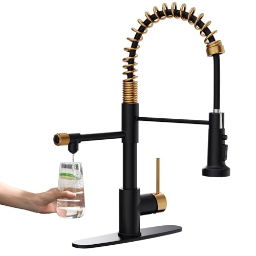 GIMILI Black and Gold Drinking Water Faucet 3 in1 Commercial Style Pull-Down Single Handle Filter Kitchen Faucet for Water Filtration System,Without Water Filtration Device