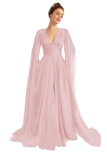 Women's Tulle Prom Dresses with Cape V Neck Lace Applique Ball Gowns Long Slit Formal Evening Dresses with Pockets