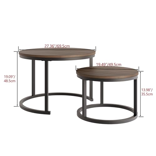 HOJINLINERO Nesting Coffee Table of 2 Side Set,Small Place Modern Furniture,Wood Grain Top with Metal Base,27.36" Round Coffee Table,Side Tables for Living Room Bedroom Balcony Yard,Walnut by HOJINLINERO - Image 2