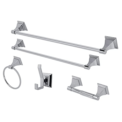 Kingston Brass BAHK61212478C 18-Inch and 24-Inch Towel Bar, 6-Inch Towel Ring, Toilet Paper Holder and Robe Hook Monarch Bathroom Accessories, 5-Piece in Set, Polished Chrome