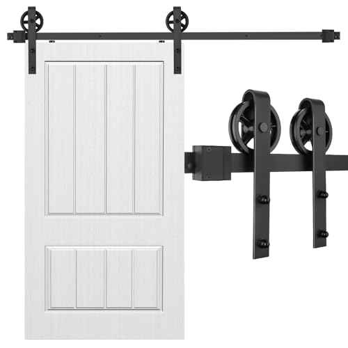 Kit de herrajes para puerta corredera de granero de 6.6 pies, rodillo básico negro de rueda de radios grandes, sistema de riel para puerta de granero