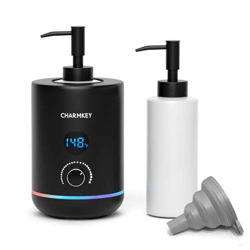 CHARMKEY Massage Oil Warmer Black 2 Oil Bottle Dispensers & 2 Silicone Funnels Digital Heater for SPA Oil Lotion Cream for Salon Barber Shops Home Automatic Lotion Warmer