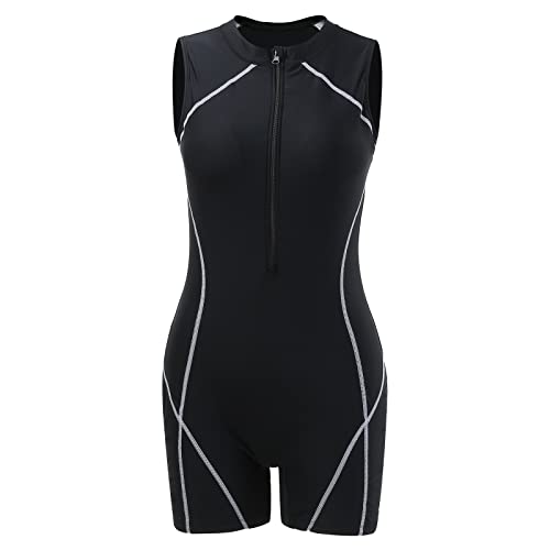 Traje de baño para mujer boyshort de manga corta rash guard deportivo para surf snorkel negro XL