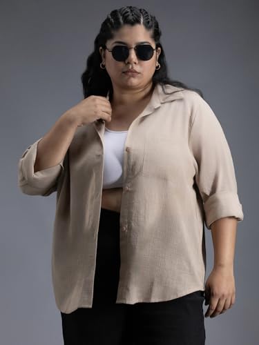 Image of High Star Women Classic Spread Collar Curved Cotton Oversized Casual Shirt