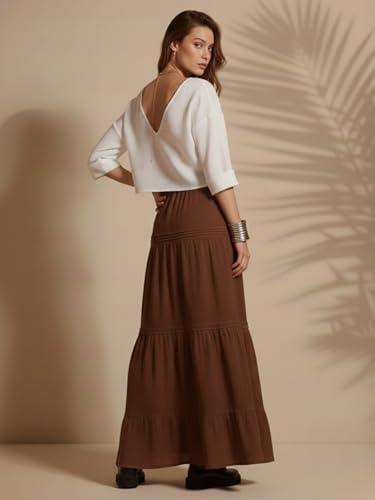 Image of GRECIILOOKS Women's Summer Ruffle Hem PolyBlend Maxi Skirt | High Waist Long Skirt's | Plain A-Line Flowy Skirt for All Occasions | Elegant Boho Style