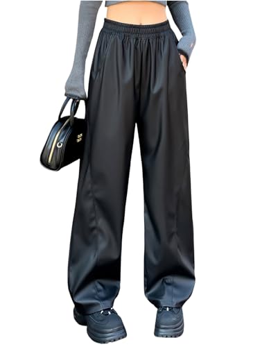 Women Black High-Waisted Faux PU Leather Wide-Leg Pants Elastic Waist Loose Fit Pants with Pockets
