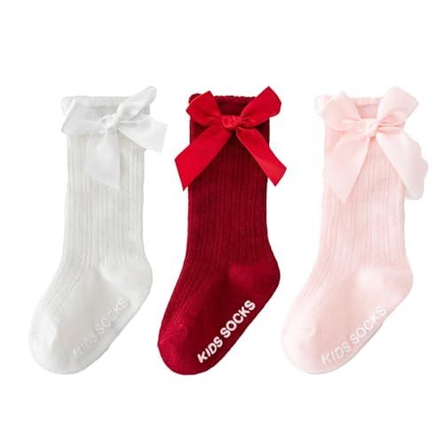 WEIDUAINI Baby Over-The-Knee Socks Mid-Tube Long Socks Newborn Bowknot Non-Slip Bottom Socks Suitable For Infants And Toddler (White Red Pink, 1-2 Years)