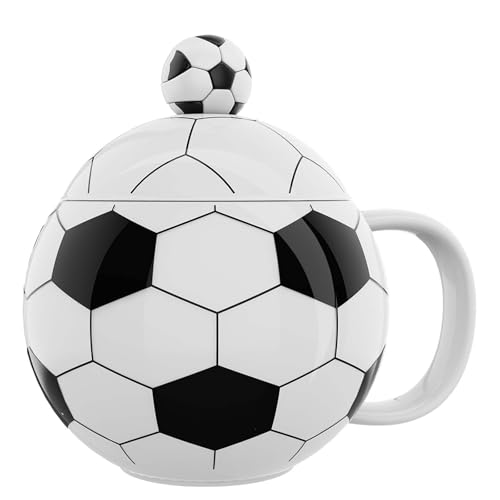 ZONSUSE Lustige Fußball Kaffeetasse,Fussball Keramik Becher,Fußballform Cappuccino Tassen, mit Deckel und Löffel, Fußball Geschenke für Männer Fußballfan Jungs Mädchen Geburtstag 400ml (Schwarz)
