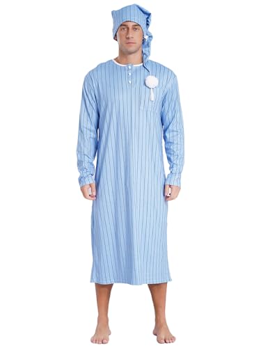Men's 2Pcs Nightshirt Long Sleeves Striped Shirt Nightgown Nightwear Pajamas Nightdress with Hat
