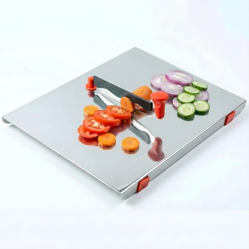 Image of Stainless Steel Chopping Board with Knife Attached, Large Steel Cutting Board for Kitchen with Anti Slip Pads, Vegetable Cutting Board Stainless Steel 35.5 x 31 cm