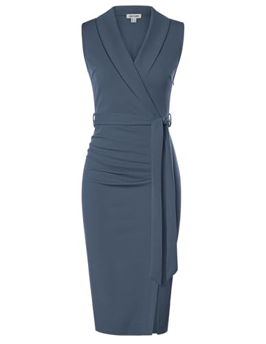 Damen Sommer GrauBlau Kleider Reverskragen Elegant Bodycon Businesskleider Hochzeitsgäste Kleider 38