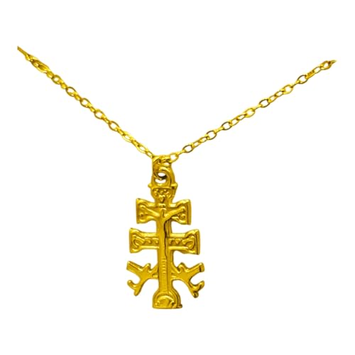 Collar Cruz de Caravaca Bendecida Dorada con Cadena 45 cm | Acero Inoxidable con Baño de Oro | Grabada y con Relieves Artesanales | Amuleto de Fe y Protección en Caja de Regalo (Oro, 2 Cm)