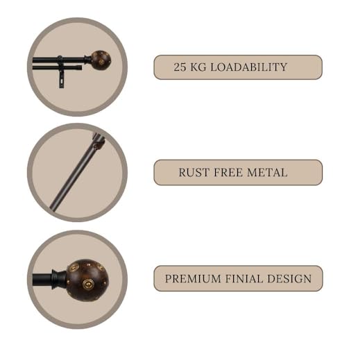 Image of 84 inch-144 inch Adjustable Double Curtain Rod For Door & Windows With Brackets Set Curtains Hanging Extendable Iron Metal Pipe Holder With Mughal Metal Wood Blend Finial (Black, 0.75 inch Diameter)