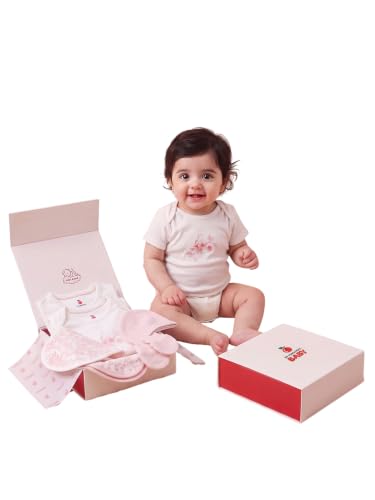 Image of 6 Pcs Clothing Gift Set with Box, 100% Cotton Soft & Breathable 6-Piece Layette Set with Bodysuit, Romper, Bib, Cap, Mittens & Swaddle, 0-12 Months, All-Season Wear