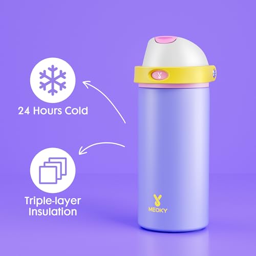 Image of 18 oz Insulated Water Bottle for Travel: Meoky Stainless Steel Kids Water Bottle with 2-in-1 Straw and Spout Lid - Leak Proof, Fits in Car Cup Holder, BPA-Free for Gym School, Starry Lilac
