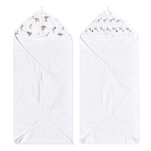 Image of aden + anais Essentials Hooded Baby Bath Towel, Super Soft 100% Cotton, 2 Pack, Elephant Circus