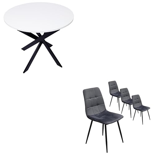 Skraut Home - Ensemble Meubles, Lot de 4 chaises de Salle à Manger | Chaise tapissée, Chaises, Table à Manger Ronde | Blanc Mat | Pieds Noir
