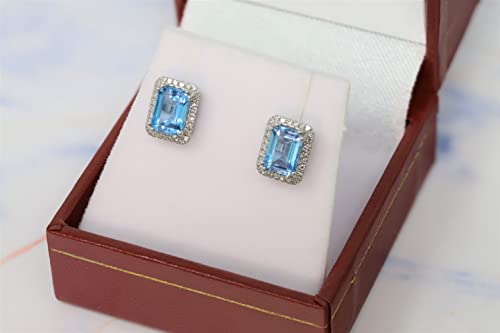 14K White Gold Genuine Blue Topaz Emerald Cut Diamonds Stud Earrings4