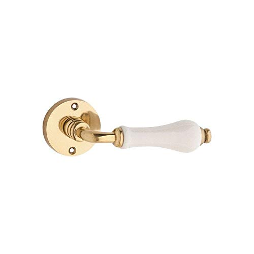 B&M Set of Traditional Vintage Brass Lever on Rose with Ivory Porcelain Handle Polished Brass 50mm