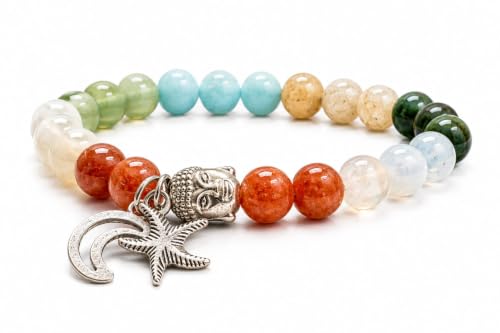 Image of Multicolour Natural Stone Beaded Bracelet with Buddha, Starfish Charms