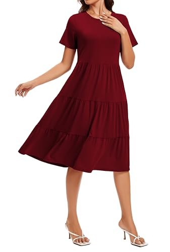 Image of Womens Summer Short Sleeve Crew Neck Midi Dress 2026 Casual Fit Flowy Tiered Beach Vacation Sundress with Pockets