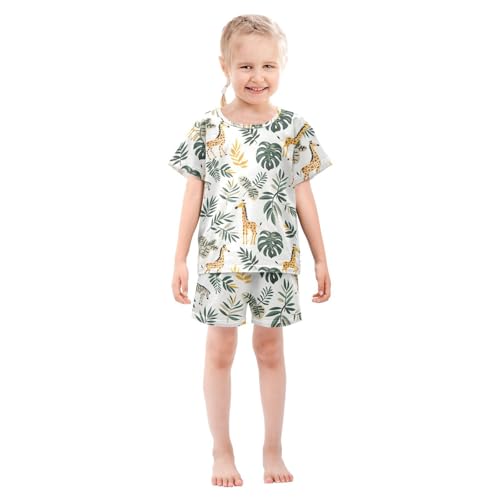 ALAZA Giraffe Leaf Palm Tree Pajamas Short Sleeve 2 Piece Sleepwear Top and Bottom Pajama Set Unisex3
