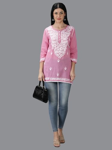 Image of Seva Chikan Hand Embroidered Lucknowi Chikankari Cotton Short Top Tunic for Women SCL9017