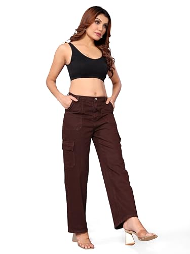 Image of ELLITI Women's 6 Pocket Regular Fit High Rise Relaxed /Boyfriend Fit, Wide Leg, Bell Bottom, Pure Denim Ankle Length Jeans Pants