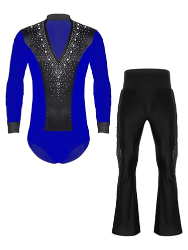 Nyeemya Leotardo de Danza Latina para Hombres Body de Baile Tango Chacha con Pantalones de Borlas Azul negro M